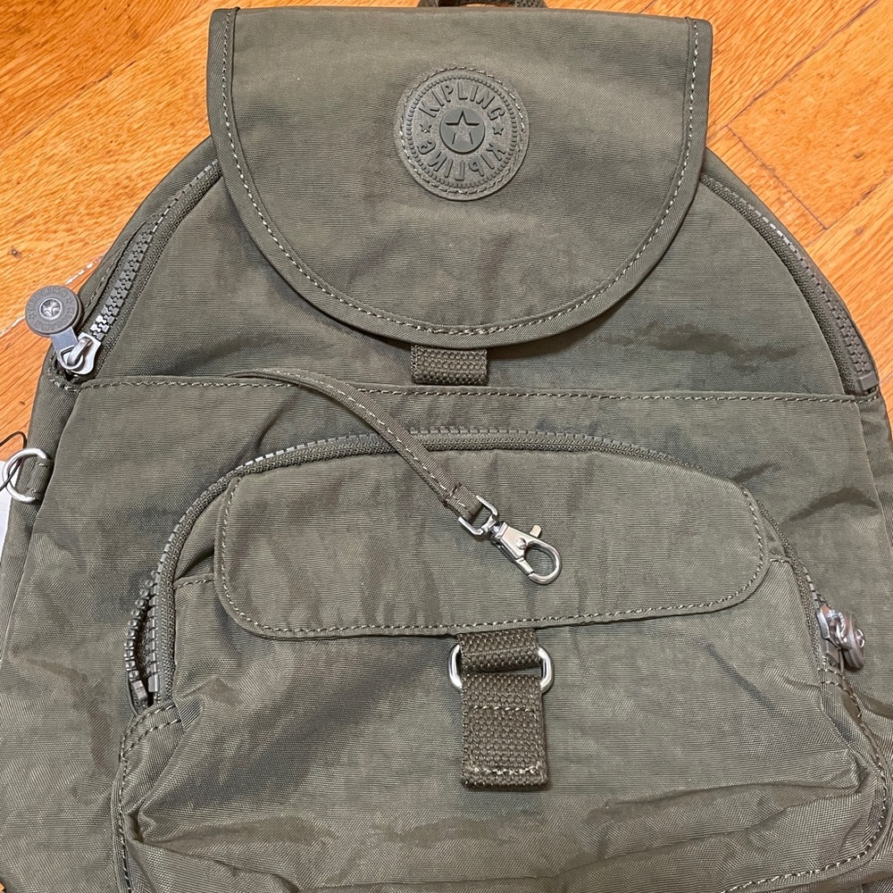 Kipling Queenie Backpack with key leash in Jaded Green color